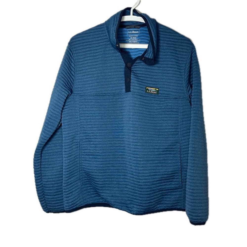 LL Bean Men Quilted Sweatshirt Snap Stand Collar Logo Slightly Fitted Blue M Reg